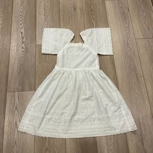 Woman's White Handmade Square Neck Dress With Floral Accents